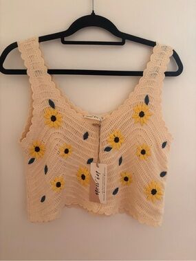 new in Cream Crochet Floral Crop Top with Yellow Embroidery